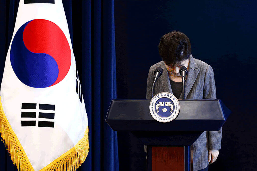 Ms Park bows during an address to the nation a the presidential Blue House in Seoul, South Korea, on Nov 29, 2016.